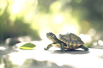 Obraz premium A small turtle walking on a sunlit surface surrounded by greenery.