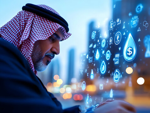 Arab businessman using laptop, digital oil, finance, and business icons hover above.