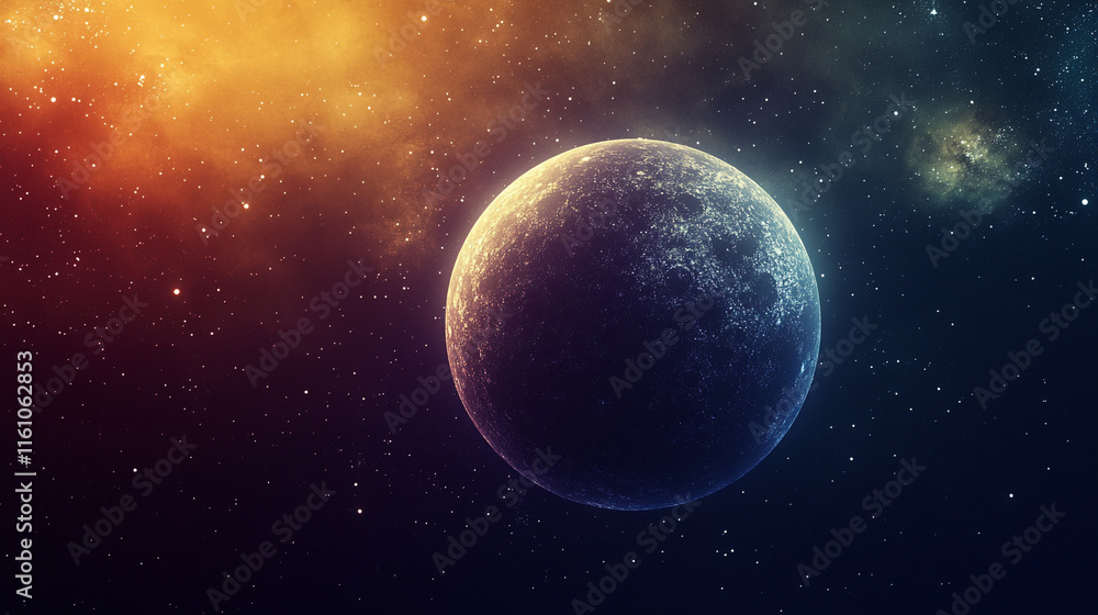 Poster celestial view of a planet surrounded by colorful cosmic clouds and stars in space