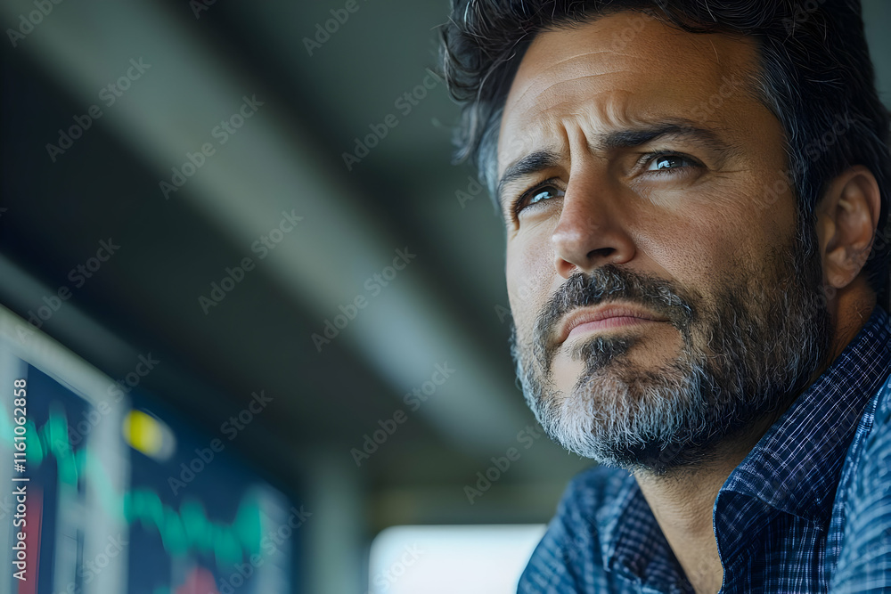 Poster close-up portrait of a pensive middle-aged man with a beard, looking thoughtfully towards something 