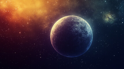 Celestial view of a planet surrounded by colorful cosmic clouds and stars in space