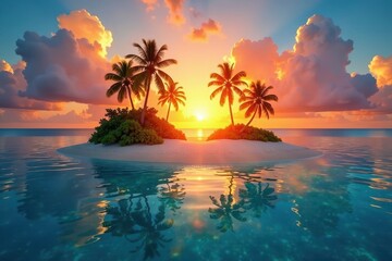 Fototapeta premium Sunset over a serene heart-shaped island with swaying palm trees and crystal clear waters, tranquility, heart shape