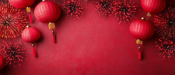 Stunning 3D fireworks display for Chinese New Year, vibrant colors lighting up the sky, symbolizing happiness, renewal, and tradition, surrounded by festive decorations