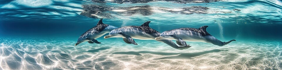 Image of pod of dolphins swimming together in crystal-clear waters creating arcs above surface printed on Printed Glass Basin Splashbacks