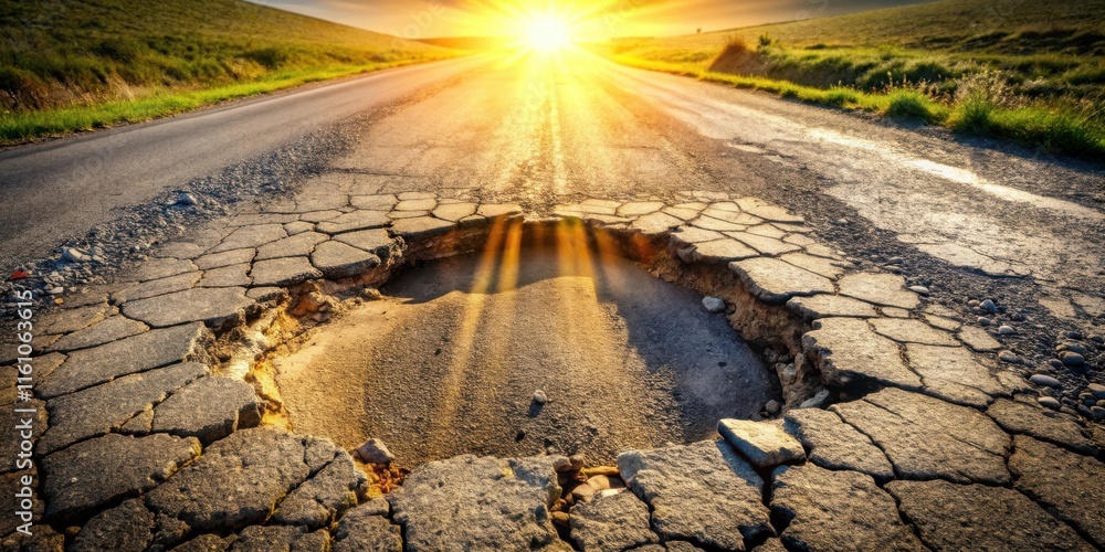 Poster A large pothole in the middle of a rural road is illuminated by the setting sun, creating a striking contrast between the dark asphalt and the bright light.