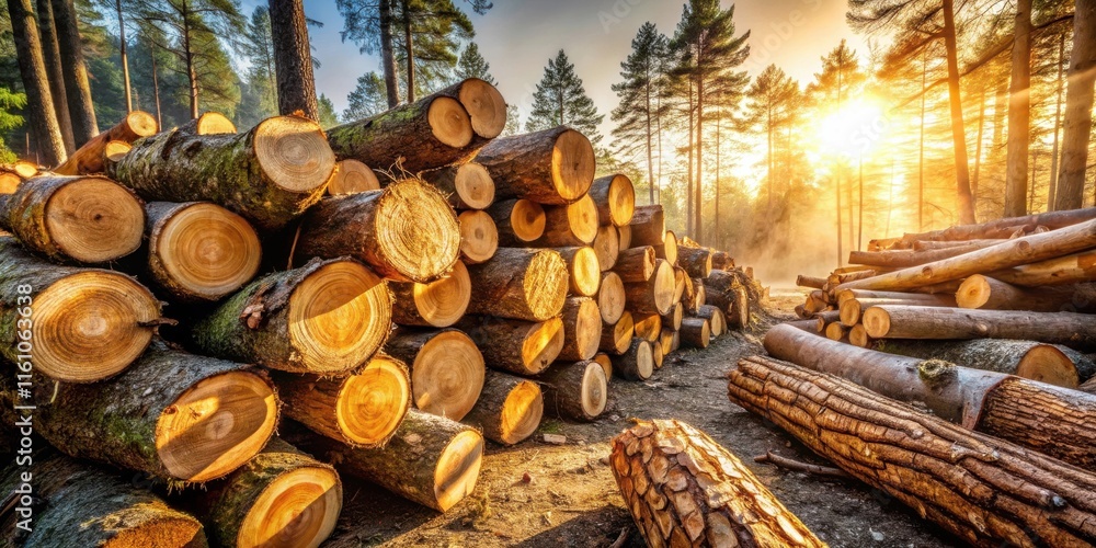 Poster a stack of freshly cut logs in the golden light of dawn, a symbol of nature's cycle and the importan