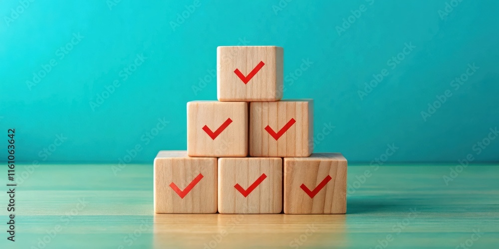 Poster Wooden blocks with red check marks stacked in a pyramid shape, symbolizing success and achievement