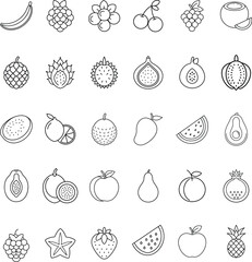 Line Art Fruit Icons Bananas, Berries, Citrus, and More