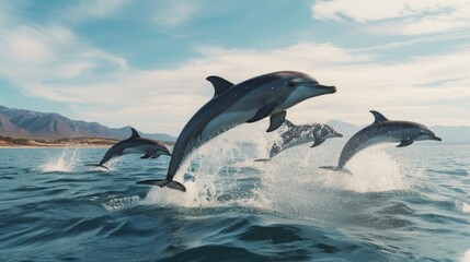 Fototapeta premium Dolphins splashing in ocean water, with clear sky and land in the distance. Great for nature enthusiasts.