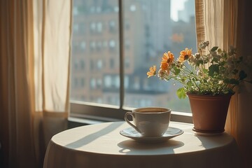 Warm coffee cup placed on a windowsill with beautiful sunlight illuminating the outdoor view