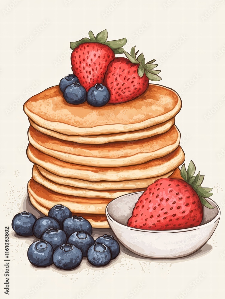 Poster Delicious golden pancakes with fresh strawberries and blueberries on a smooth background with space for text. Generative AI