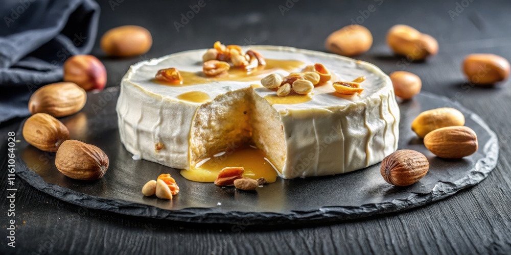 Poster a partially eaten white cake with a slice missing, drizzled with caramel and topped with almonds, re