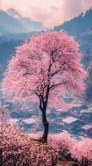 A magnificent and beautiful cherry blossom tree standing alone, with a peaceful and beautiful view of a Japanese village