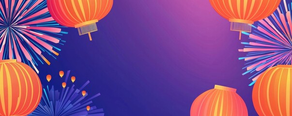 Fototapeta premium Chinese New Year theme background. Colorful lanterns and fireworks against a purple background, perfect for festive celebrations.