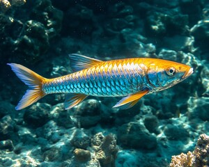 Fototapeta premium Vibrant orange and blue fish swimming in coral reef.