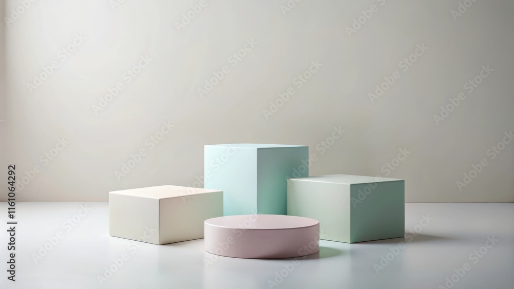 Poster Minimalist product display featuring a circular platform surrounded by three pastel-colored rectangular pedestals, set against a clean white backdrop