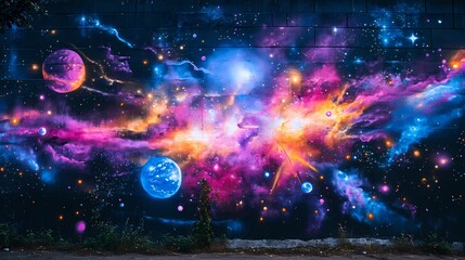 Cosmic Nebula Mural: A vibrant explosion of colors depicting a celestial galaxy on a brick wall.