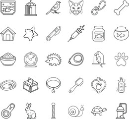Fototapeta premium Pet Supplies Icons Fish, Birds, Cats, Dogs, and More