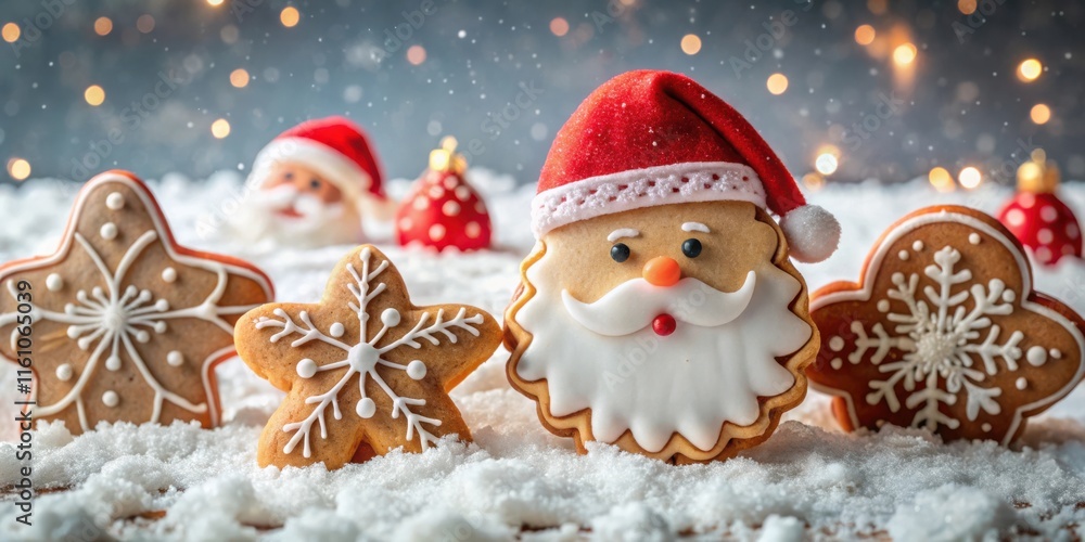 Poster gingerbread cookies decorated with christmas themes and icing, resting on a snowy surface with warm 