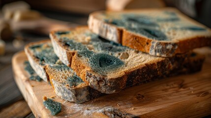 Slices of moldy bread with visible blue-green mold patches on them.
