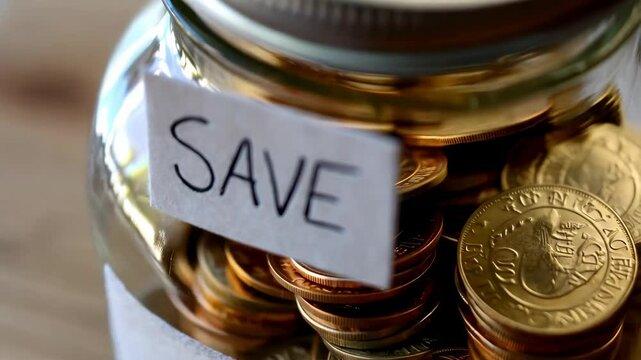 Coins accumulating in savings jar  financial growth and money management concept