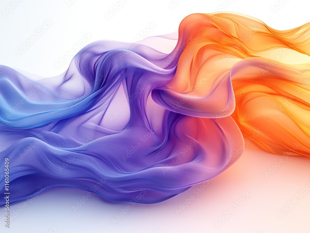 Poster a vibrant flow of purple and orange fabric-like waves creating a dynamic visual effect.