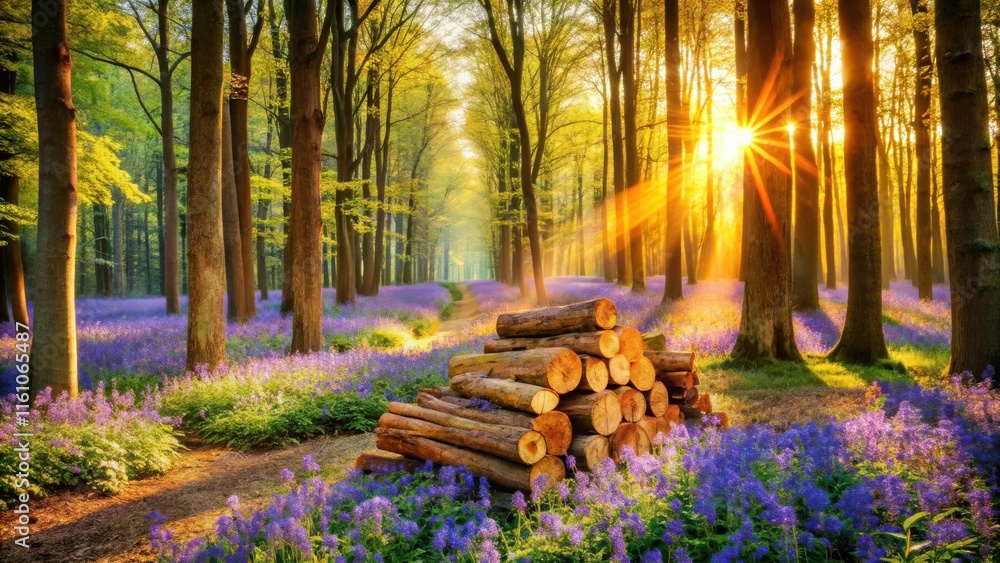 Poster Sunlight streams through a forest canopy, illuminating a path lined with vibrant purple wildflowers and a pile of logs.