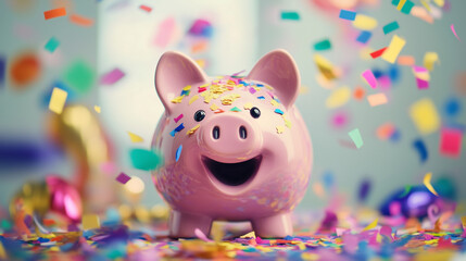 A cheerful piggy bank surrounded by colorful confetti, symbolizing savings and celebration