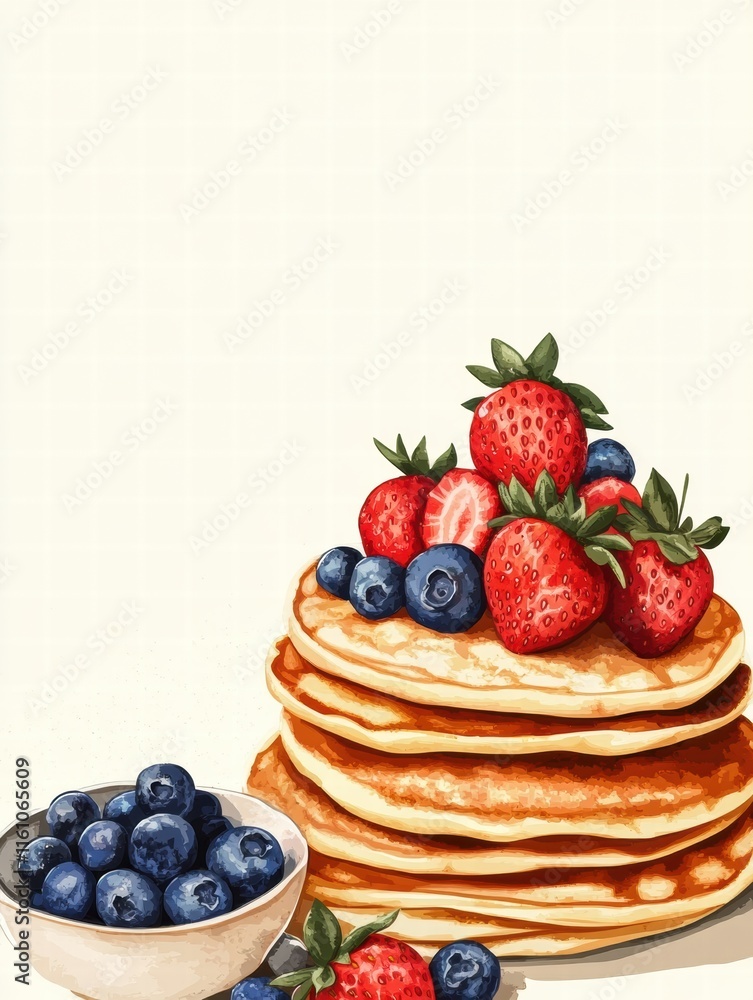 Aufkleber Stack of golden pancakes with fresh strawberries and blueberries on top with space for text decoration. Generative AI