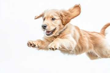 A playful golden retriever puppy leaps joyfully against a white background.