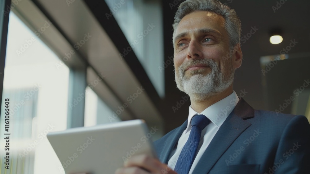 Poster man in a suit holding a tablet in front of a window. he is smiling and looking at the camera