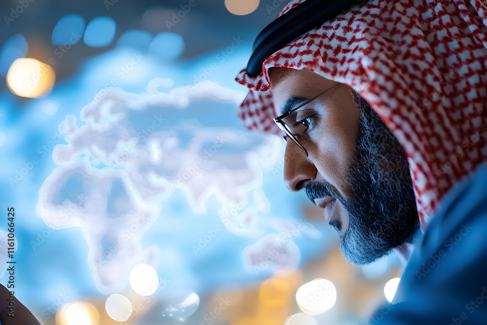 Poster close-up of a focused arab businessman using a digital device with a world map background.