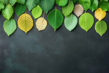 A collection of vibrant green and yellow leaves arranged against a dark background, showcasing natural beauty and seasonal change.