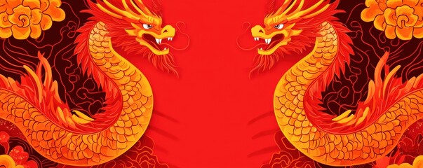 Chinese New Year theme background. Vibrant illustration of two dragon figures against a red background with decorative elements.