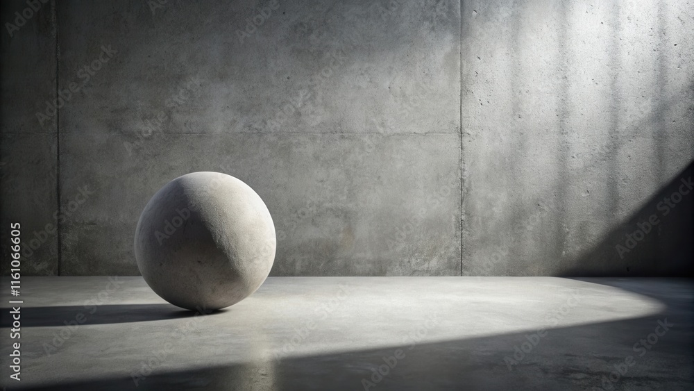 Aufkleber A solitary spherical object rests on a smooth concrete floor, bathed in the soft glow of a single light source, casting long shadows against the rough texture of the surrounding wall.