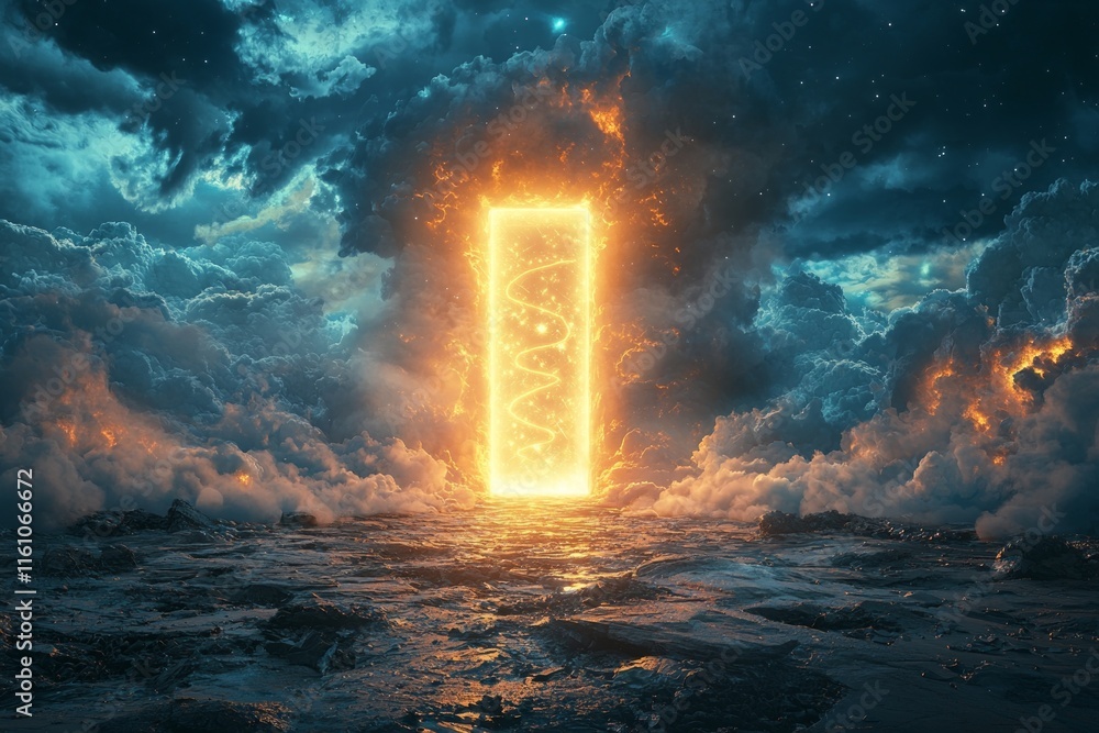 Poster radiant light beams from open door in heavens illuminating glowing symbols and divine paths stretch 
