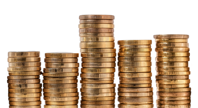 stack of coins gold, isolated, transparent, png, background,