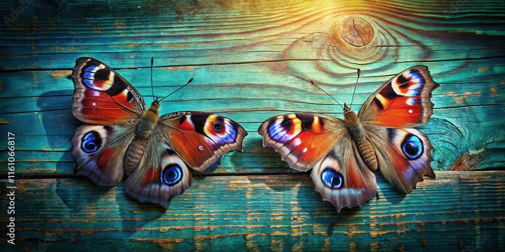 Poster a pair of peacock butterflies with intricate wing patterns on a rustic teal wooden surface, bathed i