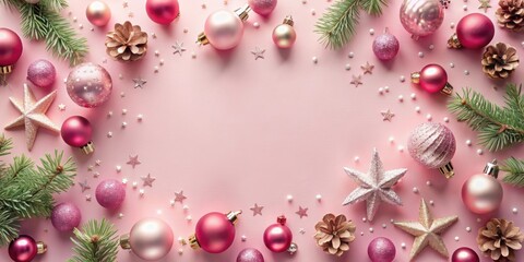 Pink Christmas Ornament Frame with Pine Branches, Stars, and Pine Cones on a Pink Background