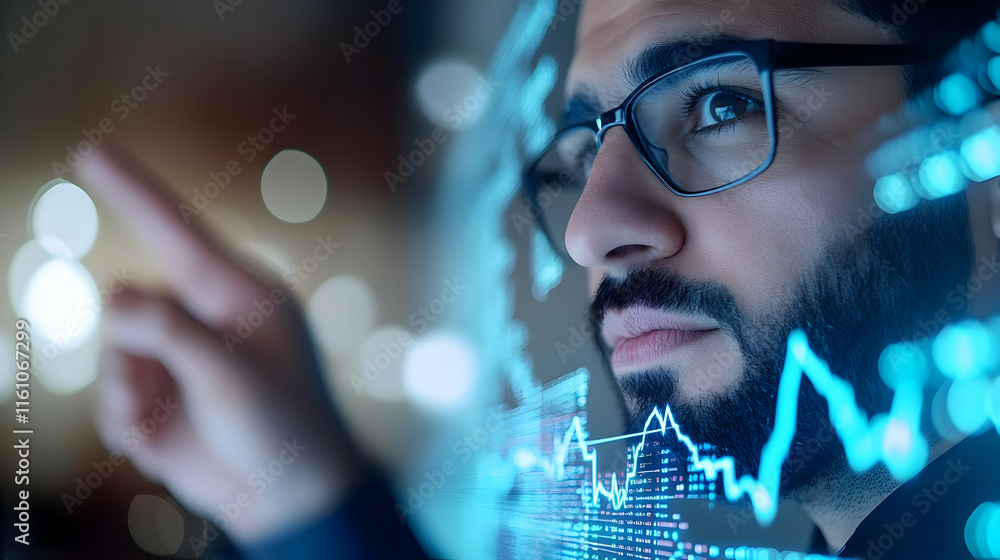 Poster focused businessman analyzing financial data on holographic display, pointing at charts and graphs.