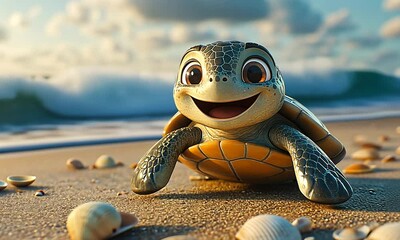 A cheerful cartoon turtle on a beach surrounded by seashells and ocean waves.