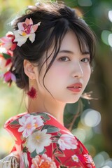 Fototapeta premium Graceful, detailed kimono and flower arrangement.