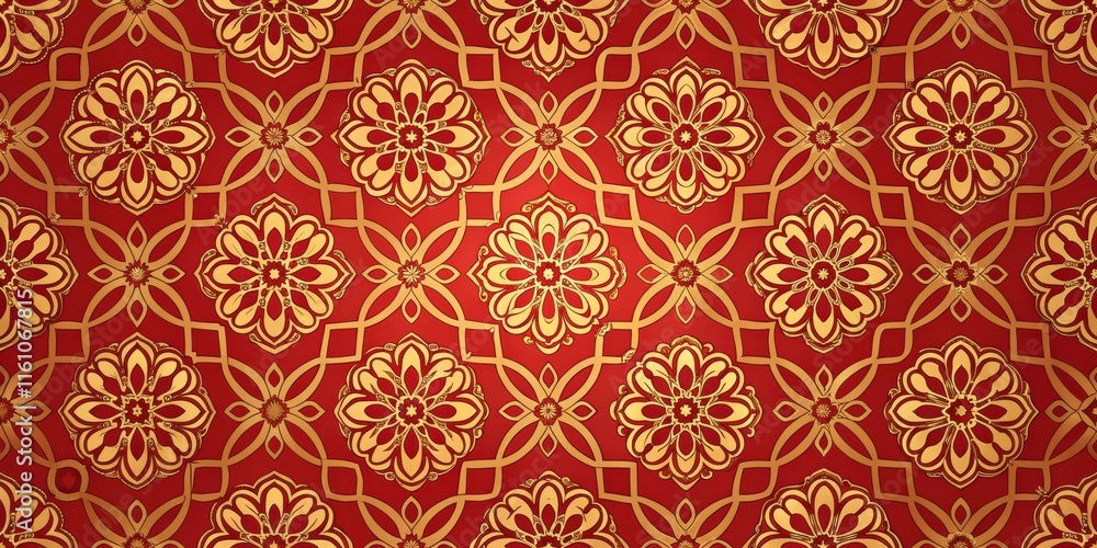 Poster a seamless pattern featuring intricate golden floral designs on a rich red background, creating a ca