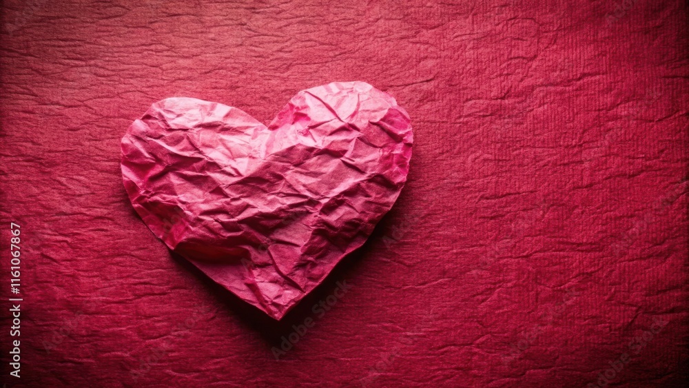 Aufkleber a crumpled heart shape made of pink paper sits on a red textured background, symbolizing a love that