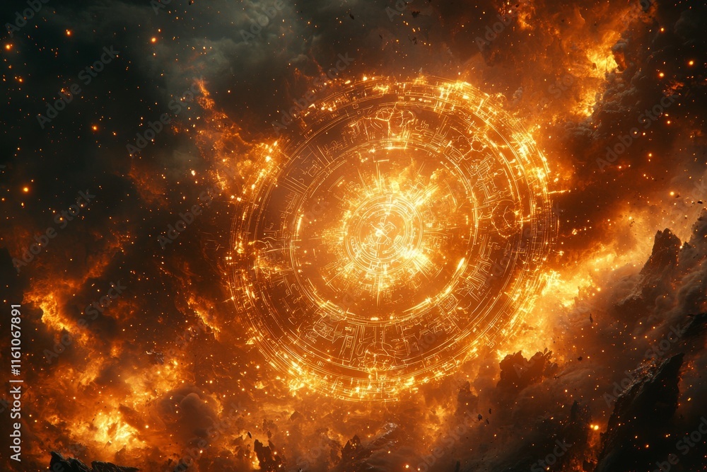 Poster radiant celestial wheel illuminates heavens each spoke symbolizing divine purpose. intricate pattern