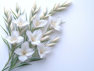 Obraz premium A serene arrangement of white flowers and green leaves on a light background.