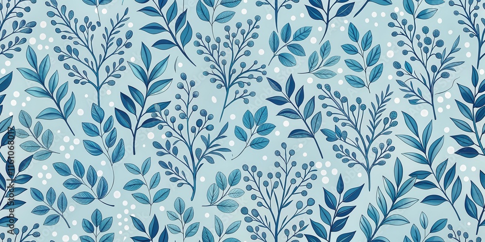 Aufkleber a seamless pattern of blue leaves and branches against a light blue backdrop, accented with white do