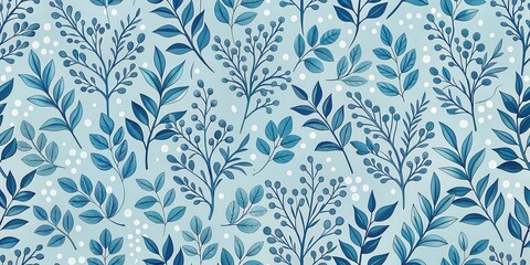 A seamless pattern of blue leaves and branches against a light blue backdrop, accented with white dots for a calming and sophisticated design.