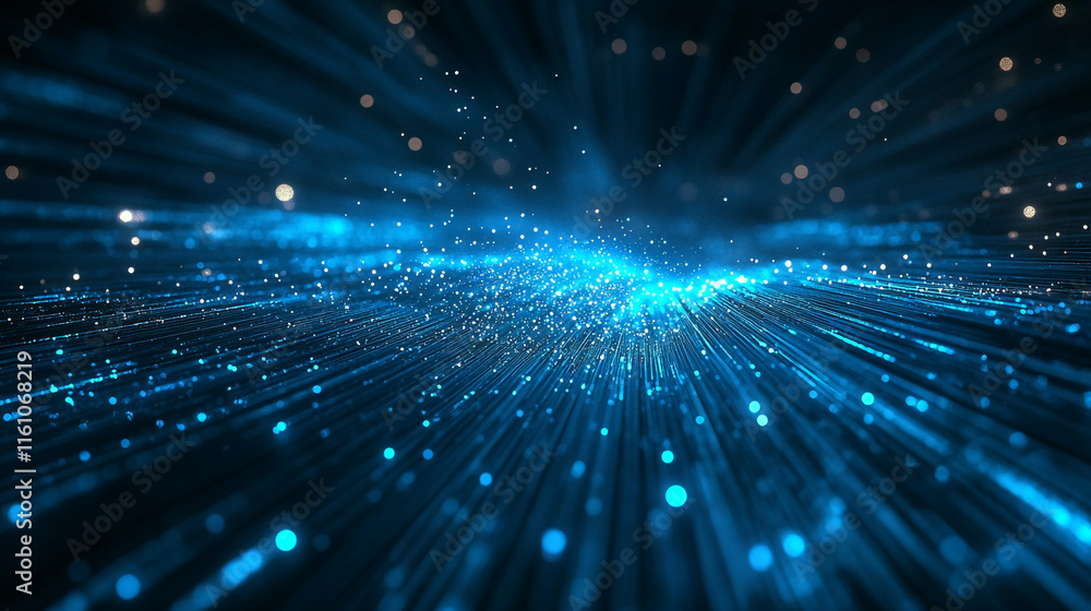 Fototapete Light particles create a dynamic blue background with radiant motion in a dark setting