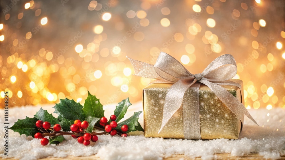 Poster a festive gift wrapped in gold with a silver bow on a snowy surface with holly and sparkling lights 